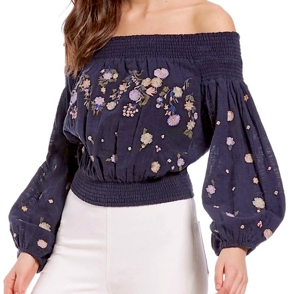 Free People Embroidered Off the Shoulder Top | Navy Size - Large - Picture 6 of 13